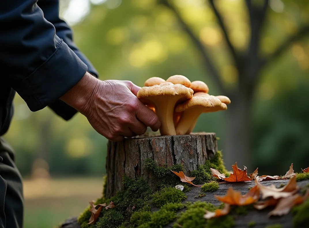 Close-up of an elderly Japanese gardener harvesting thick shiitake mushrooms