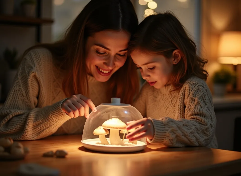 Mother and daughter in matching sweaters peeking into a mushroom kit