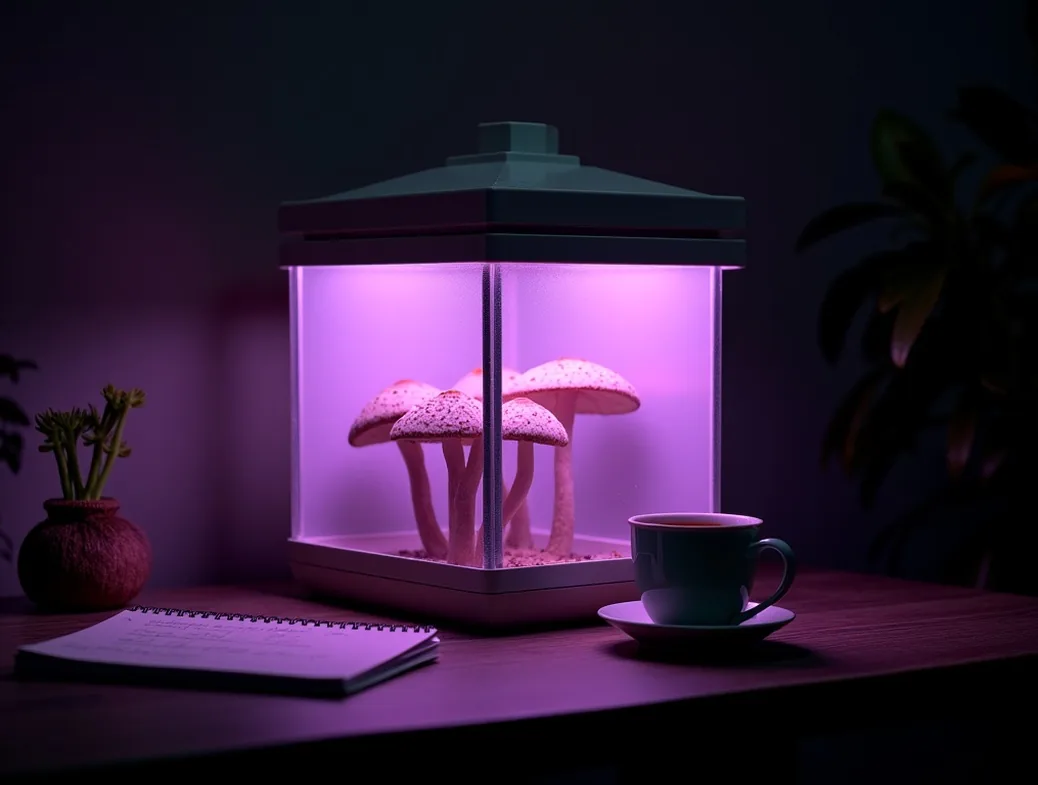 Side view of a glowing humidity tent over a mushroom kit at night