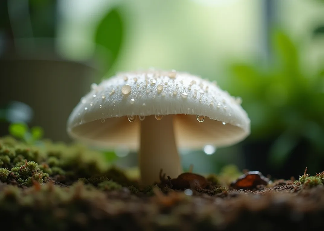 Water droplets on a fresh white lion mane mushroom after misting