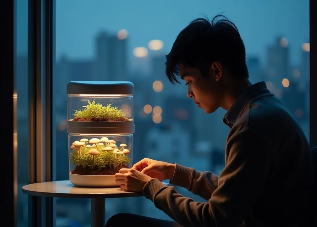Three-tier mushroom planter on a minimalist Tokyo balcony at blue hour