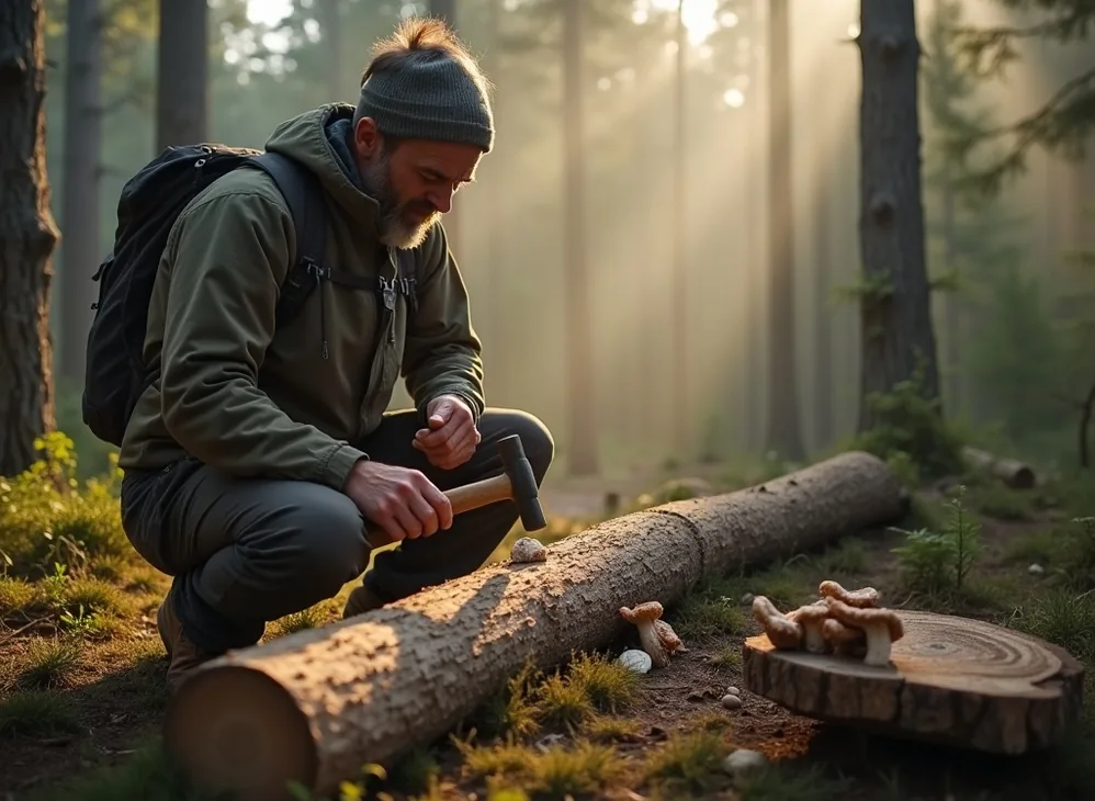 Man in hiking gear inoculating a freshly cut oak log in the forest