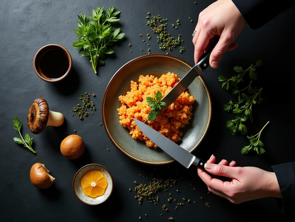 Overhead view of a chef preparing a dish with freshly picked lion mane mushrooms