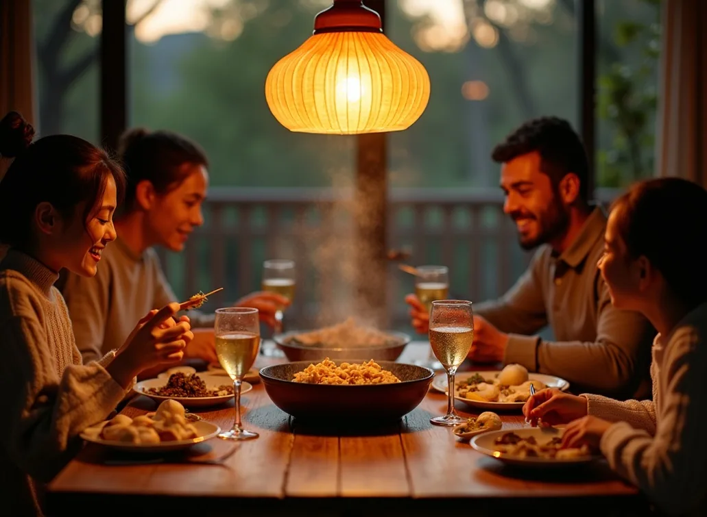 Family sharing a hot pot meal with freshly harvested mushrooms