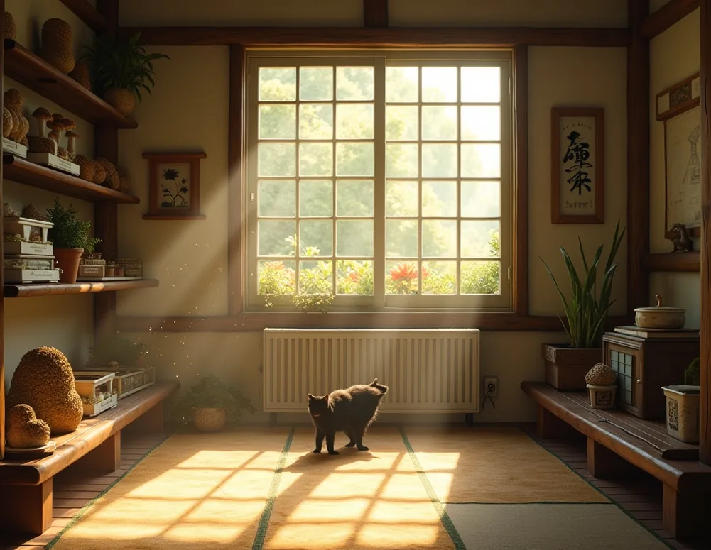 Sunlit rural Japanese farmhouse interior traditional tatami room converted into a mycology corner