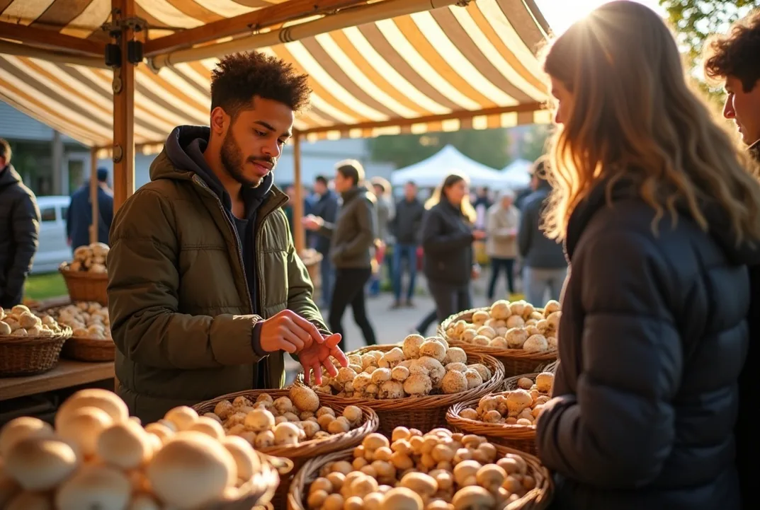 Young entrepreneur at a weekend farmers market stall showcasing mushrooms