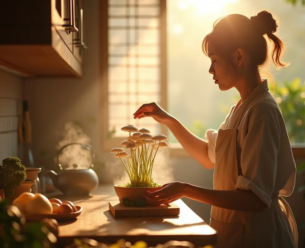 Morning mist on a cascading mushroom kit in a Japanese kitchen