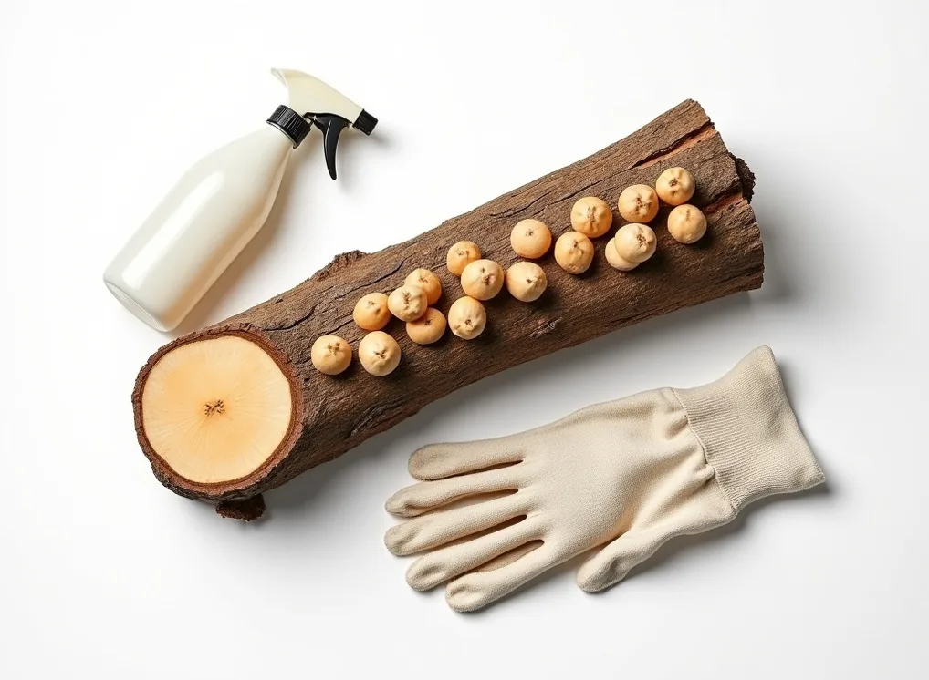 Premium shiitake log cultivation set top-down flat lay on white background